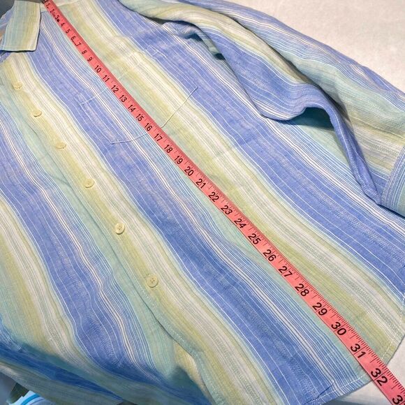 Caribbean Mens Button Down Shirt Size L Linen Cotton Blue Green Cream Stripes Lo - Picture 9 of 10